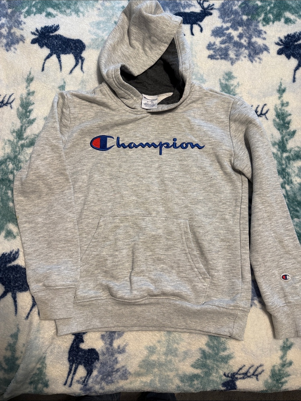 Champion Gray Hoodie with Blue Script and Red Logo Detail